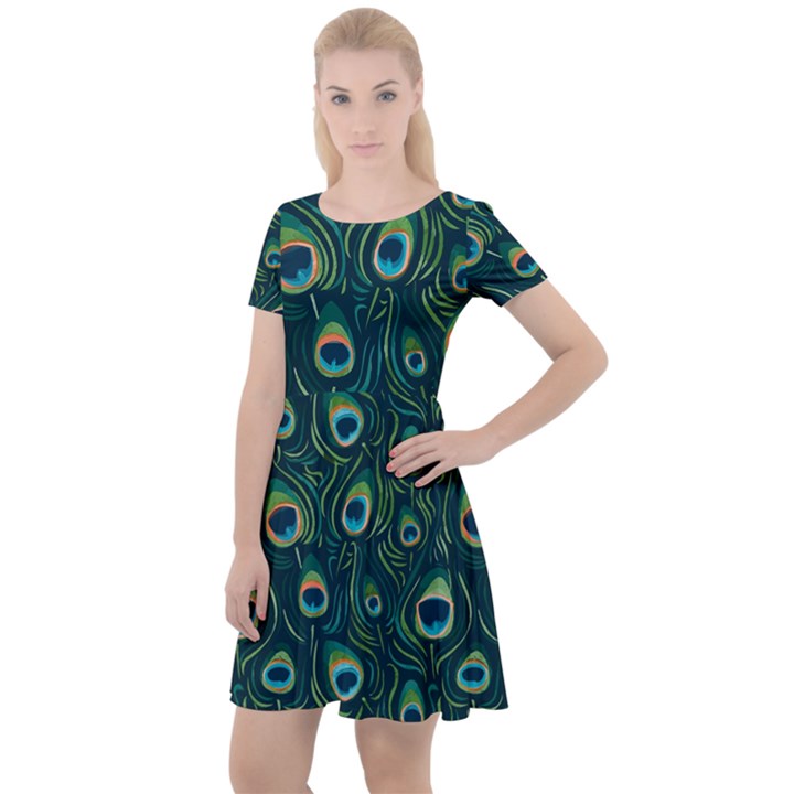 Watercolor Peacock Feather Pattern Cap Sleeve Velour Dress 