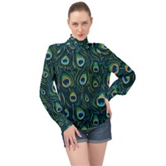 Watercolor Peacock Feather Pattern High Neck Long Sleeve Chiffon Top by ExtraGoodSauce