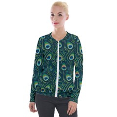 Watercolor Peacock Feather Pattern Velvet Zip Up Jacket by ExtraAwesomeSauce