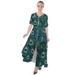 Watercolor Peacock Feather Pattern Waist Tie Boho Maxi Dress by ExtraAwesomeSauce