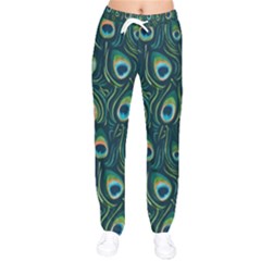 Watercolor Peacock Feather Pattern Women Velvet Drawstring Pants