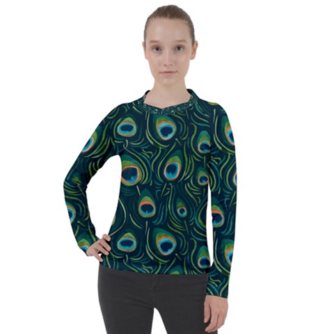 Watercolor Peacock Feather Pattern Women s Pique Long Sleeve Tee by ExtraGoodSauce