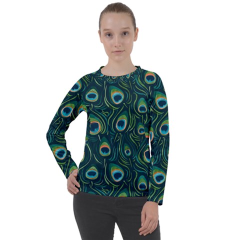 Watercolor Peacock Feather Pattern Women s Long Sleeve Raglan Tee by ExtraGoodSauce