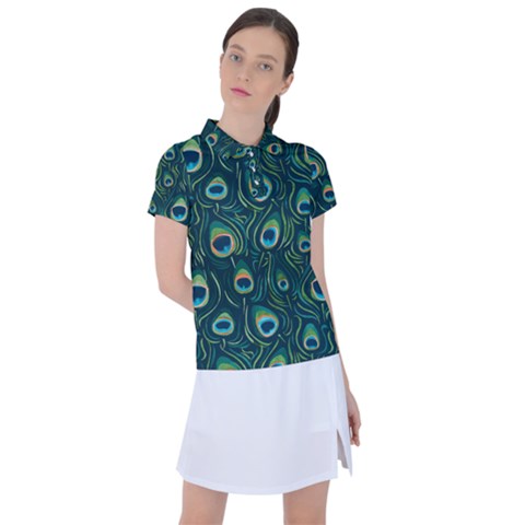 Watercolor Peacock Feather Pattern Women s Polo Tee by ExtraGoodSauce