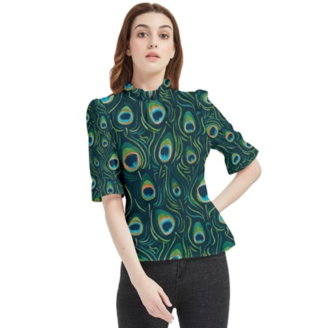 Watercolor Peacock Feather Pattern Frill Neck Blouse by ExtraGoodSauce