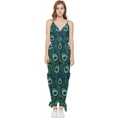 Watercolor Peacock Feather Pattern Sleeveless Tie Ankle Jumpsuit