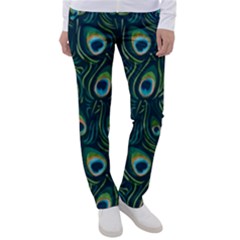 Watercolor Peacock Feather Pattern Women s Casual Pants