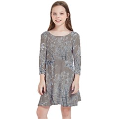 Linear Textured Botanical Motif Design Kids  Quarter Sleeve Skater Dress