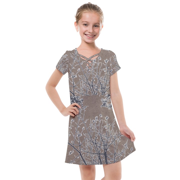 Linear Textured Botanical Motif Design Kids  Cross Web Dress