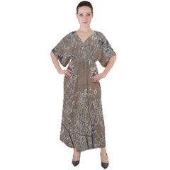 Linear Textured Botanical Motif Design V-neck Boho Style Maxi Dress by dflcprintsclothing