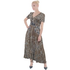 Linear Textured Botanical Motif Design Button Up Short Sleeve Maxi Dress by dflcprintsclothing