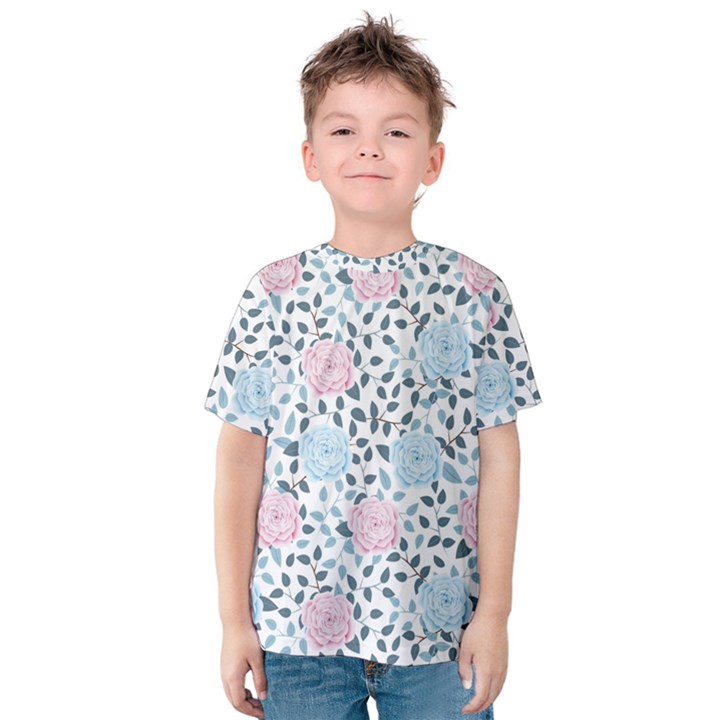 Cute Light Pink And Blue Modern Rose Pattern Kids  Cotton Tee