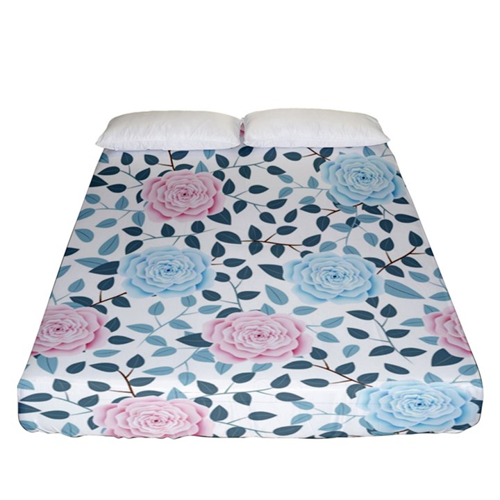 Cute Light Pink And Blue Modern Rose Pattern Fitted Sheet (Queen Size)