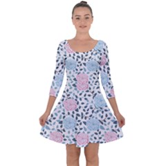 Cute Light Pink And Blue Modern Rose Pattern Quarter Sleeve Skater Dress