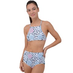 Cute Light Pink And Blue Modern Rose Pattern High Waist Tankini Set by Grafftimi