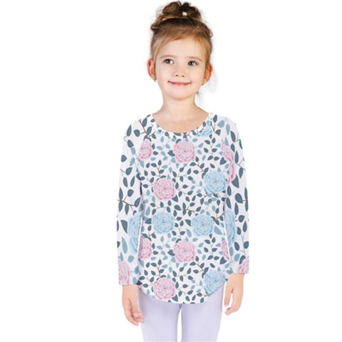 Cute Light Pink And Blue Modern Rose Pattern Kids  Long Sleeve Tee by Grafftimi