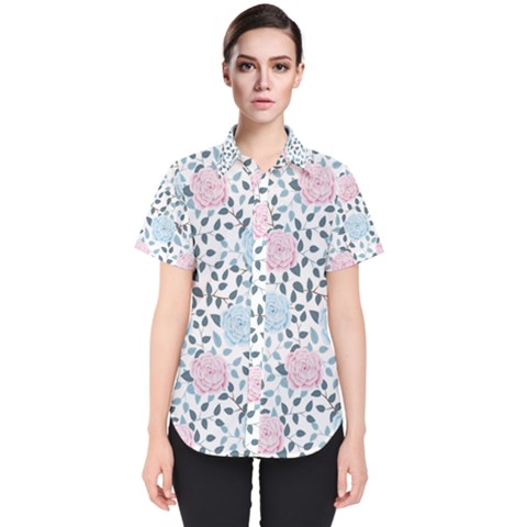 Cute Light Pink And Blue Modern Rose Pattern Women s Short Sleeve Shirt by Grafftimi