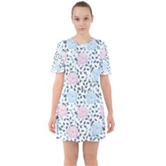 Cute Light Pink And Blue Modern Rose Pattern Sixties Short Sleeve Mini Dress by Grafftimi