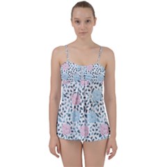 Cute Light Pink And Blue Modern Rose Pattern Babydoll Tankini Set by Grafftimi