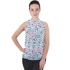 Cute Light Pink And Blue Modern Rose Pattern Mock Neck Chiffon Sleeveless Top by Grafftimi