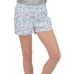 Cute Light Pink And Blue Modern Rose Pattern Velour Lounge Shorts by Grafftimi