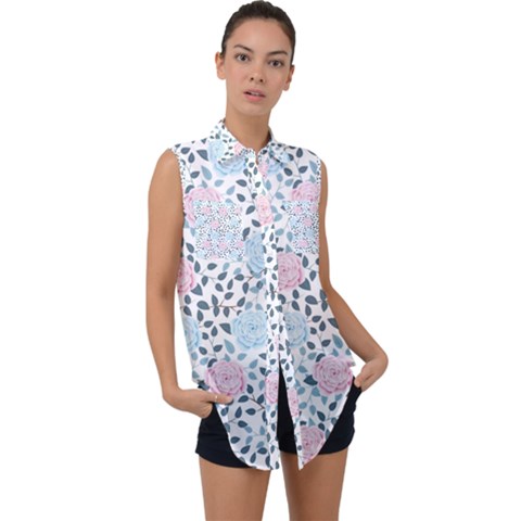 Cute Light Pink And Blue Modern Rose Pattern Sleeveless Chiffon Button Shirt by Grafftimi