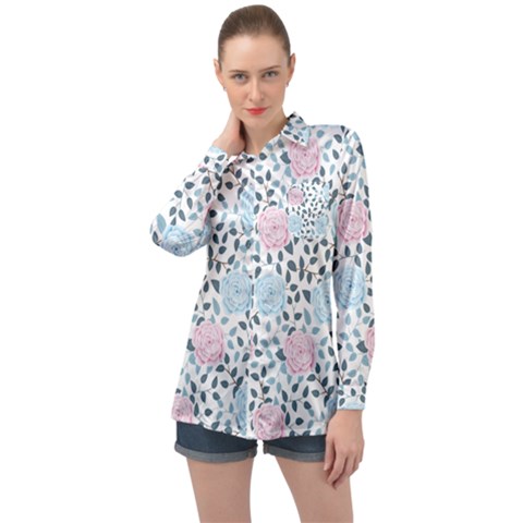 Cute Light Pink And Blue Modern Rose Pattern Long Sleeve Satin Shirt by Grafftimi