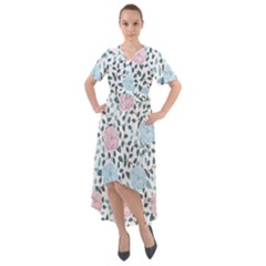 Cute Light Pink And Blue Modern Rose Pattern Front Wrap High Low Dress by Grafftimi