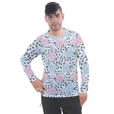 Cute Light Pink And Blue Modern Rose Pattern Men s Pique Long Sleeve Tee by Grafftimi