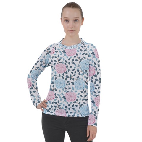 Cute Light Pink And Blue Modern Rose Pattern Women s Pique Long Sleeve Tee by Grafftimi