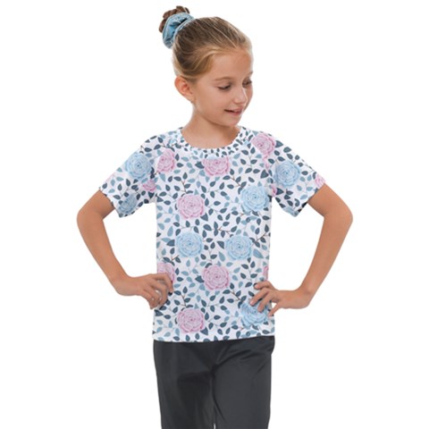 Cute Light Pink And Blue Modern Rose Pattern Kids  Mesh Piece Tee by Grafftimi