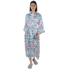 Cute Light Pink And Blue Modern Rose Pattern Maxi Satin Kimono by Grafftimi