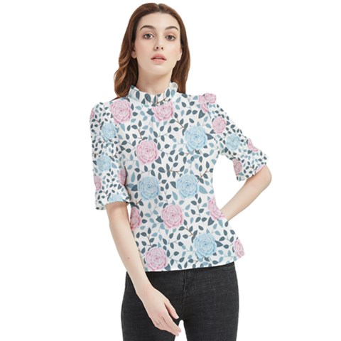 Cute Light Pink And Blue Modern Rose Pattern Frill Neck Blouse by Grafftimi