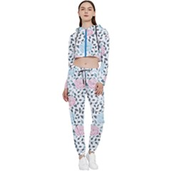 Cute Light Pink And Blue Modern Rose Pattern Cropped Zip Up Lounge Set by Grafftimi