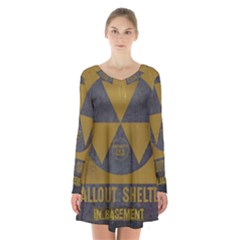 Fallout Shelter In Basement Radiation Sign Long Sleeve Velvet V-neck Dress by WetdryvacsLair