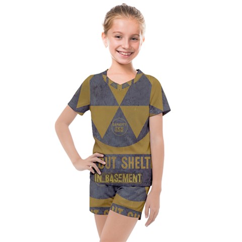 Fallout Shelter In Basement Radiation Sign Kids  Mesh Tee And Shorts Set by WetdryvacsLair