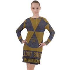 Fallout Shelter In Basement Radiation Sign Long Sleeve Hoodie Dress by WetdryvacsLair