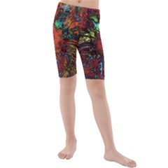 Boho Hippie Trippy Floral Pattern Kids  Mid Length Swim Shorts by CrypticFragmentsDesign