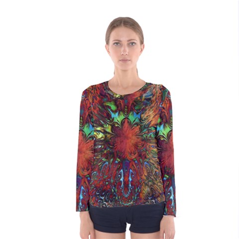 Boho Hippie Trippy Floral Pattern Women s Long Sleeve Tee by CrypticFragmentsDesign