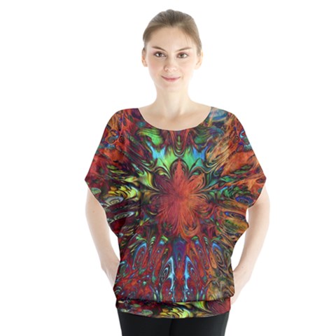 Boho Hippie Trippy Floral Pattern Batwing Chiffon Blouse by CrypticFragmentsDesign