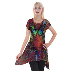 Boho Hippie Trippy Floral Pattern Short Sleeve Side Drop Tunic