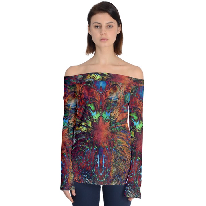 Boho Hippie Trippy Floral Pattern Off Shoulder Long Sleeve Top