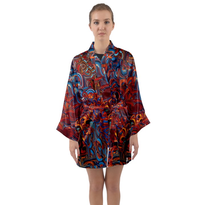 Phoenix in the Rain Abstract Pattern Long Sleeve Satin Kimono