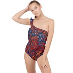 Phoenix In The Rain Abstract Pattern Frilly One Shoulder Swimsuit by CrypticFragmentsDesign