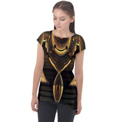 Black And Gold Abstract Line Art Pattern Cap Sleeve High Low Top by CrypticFragmentsDesign