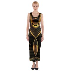 Black And Gold Abstract Line Art Pattern Fitted Maxi Dress by CrypticFragmentsDesign