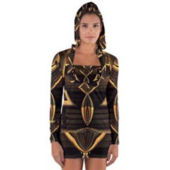 Black And Gold Abstract Line Art Pattern Long Sleeve Hooded T-shirt by CrypticFragmentsDesign