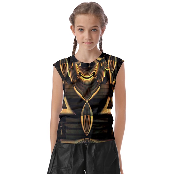 Black and Gold Abstract Line Art Pattern Kids  Raglan Cap Sleeve Tee