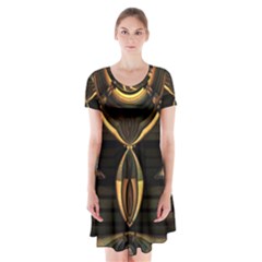 Black And Gold Abstract Line Art Pattern Short Sleeve V-neck Flare Dress by CrypticFragmentsDesign