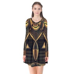 Black And Gold Abstract Line Art Pattern Long Sleeve V-neck Flare Dress by CrypticFragmentsDesign